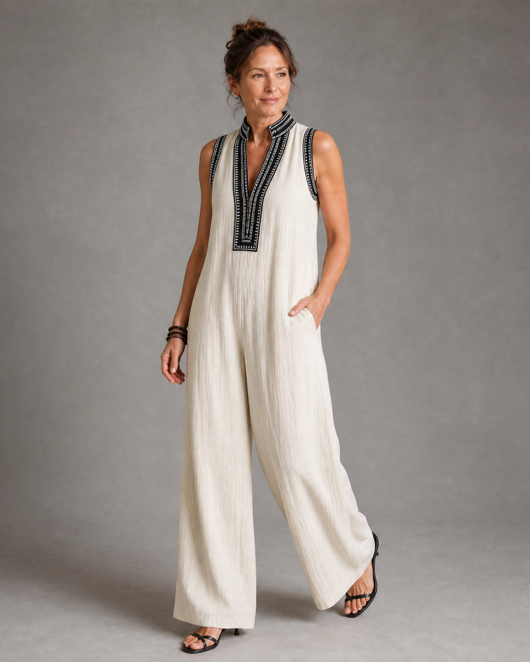 Daisy | Embroidered V Neck Sleeveless Wide Leg Jumpsuit