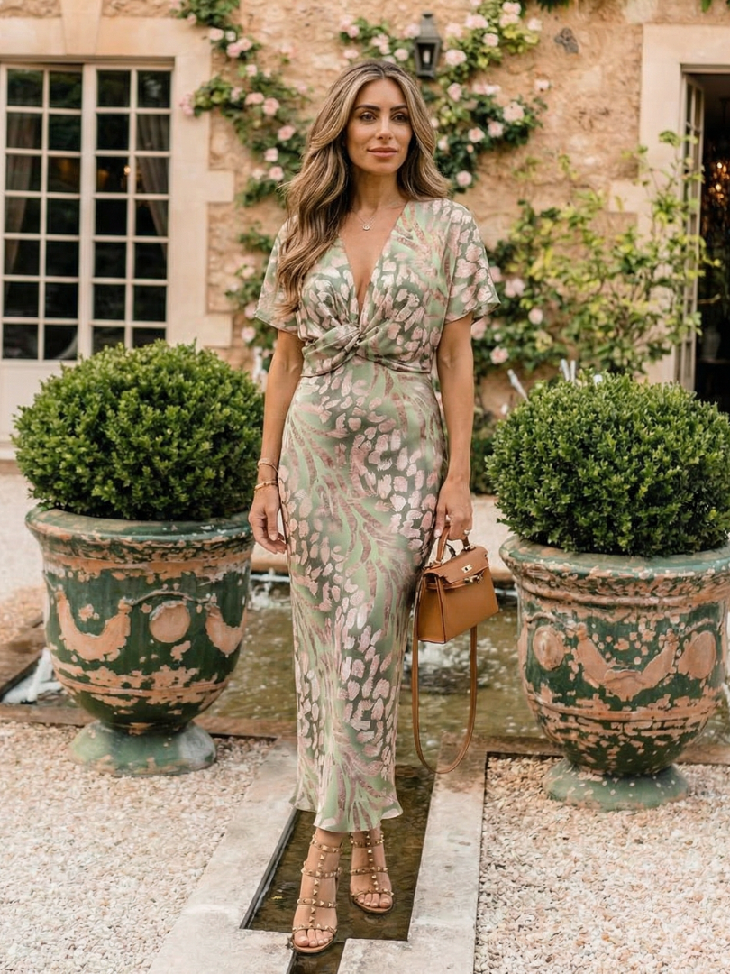 Bellthorne | Abstract Print V Neck Twist Waist Midi Dress