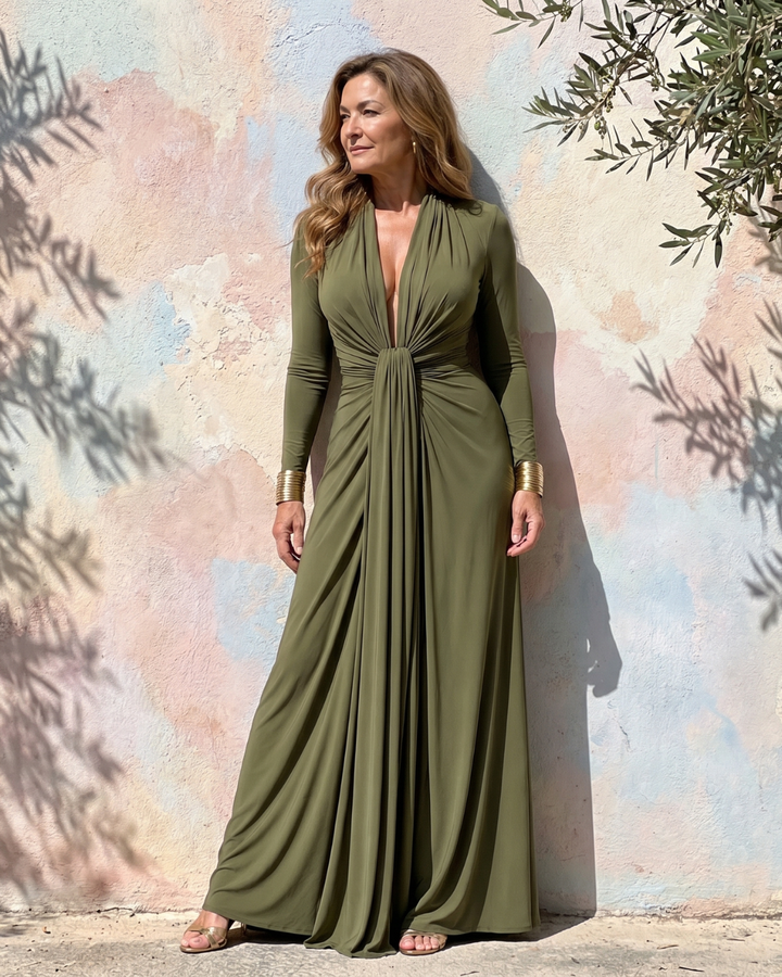 Erin | Draped Deep V Neck Long Sleeve Maxi Dress