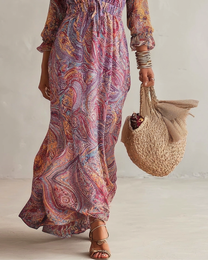 Paisley Print V-neck Gathered Chiffon Maxi Dress
