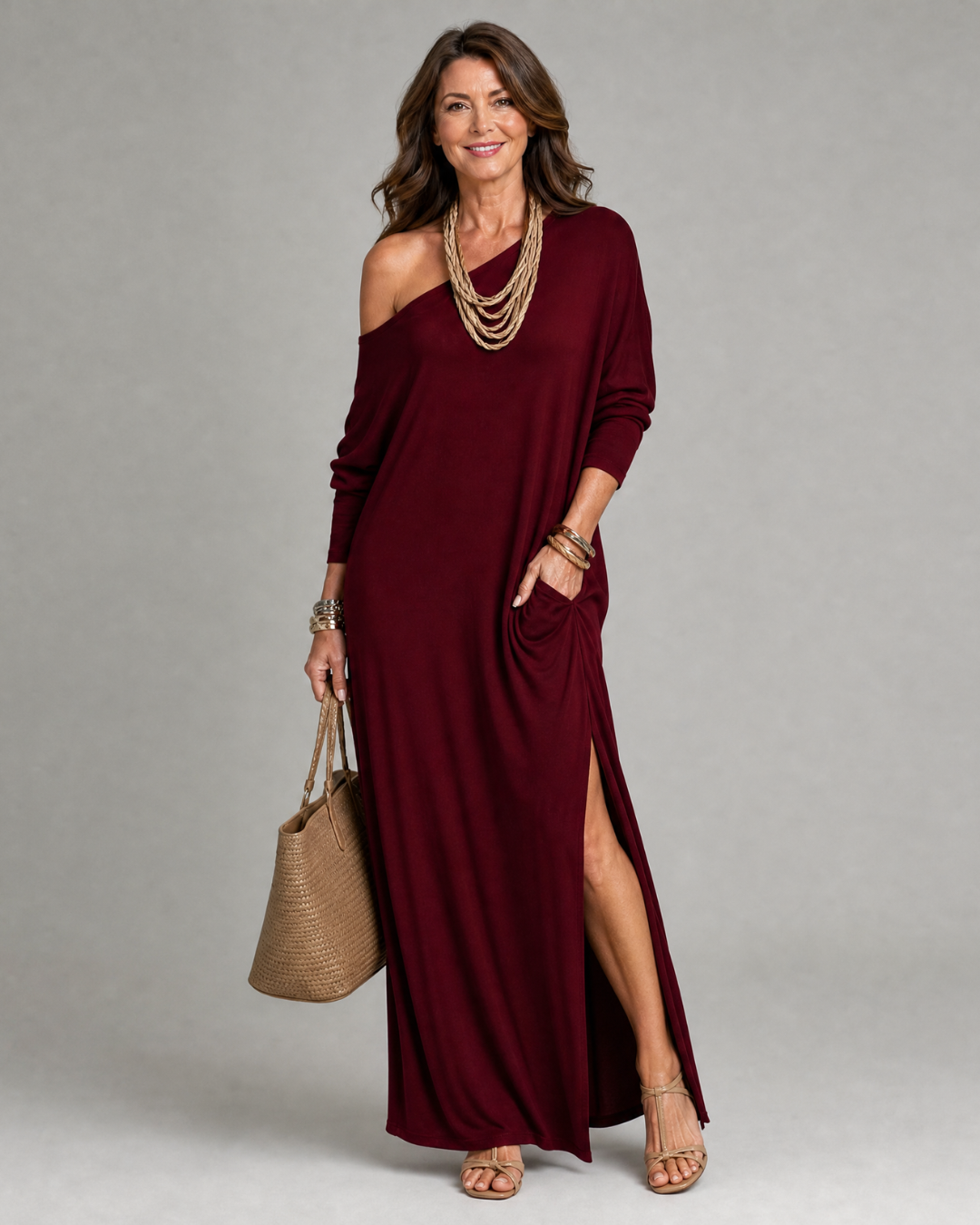 Elise | One Shoulder Side Slit Flowing Midi Dress