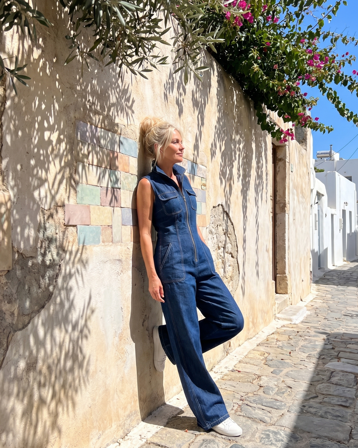 Destiny | Zip Front Sleeveless Denim Wide Leg Jumpsuit