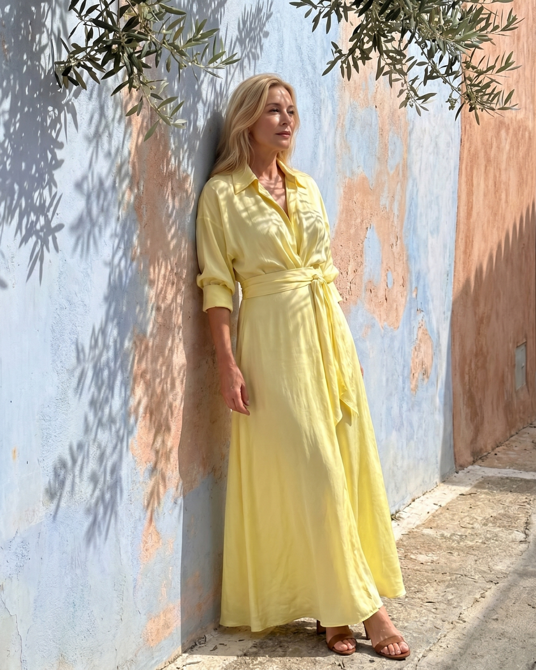 Esther | Belted Collared Flowing Long Sleeve Midi Dress