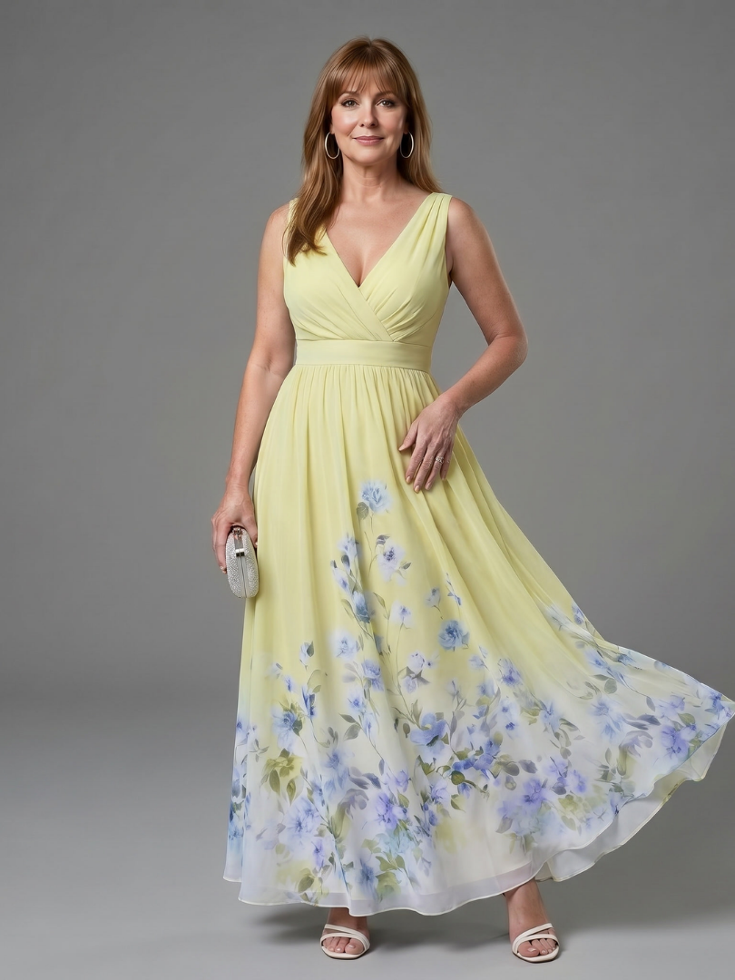 Bellthorne | Sleeveless V Neck Soft Floral Hem Midi Dress