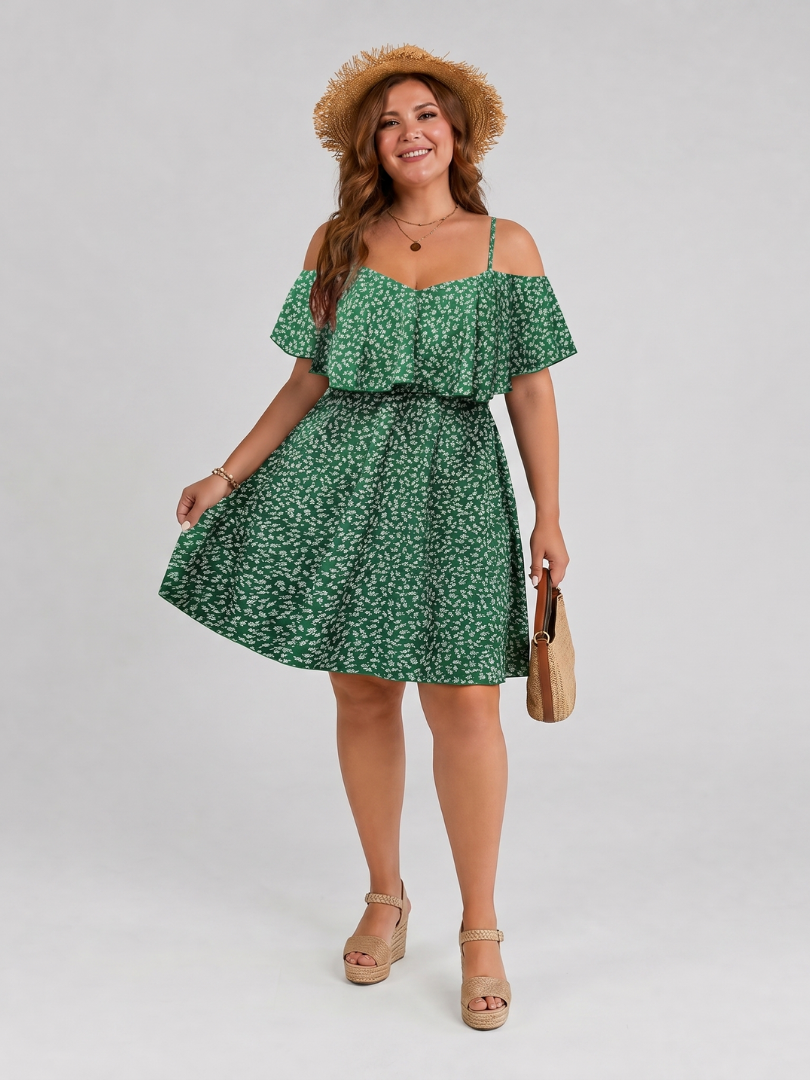 Novom | Cold Shoulder Ruffle Overlay Knee Length Dress