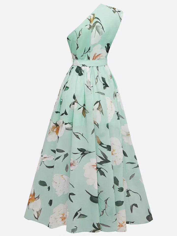 Julie | Light Green Floral Chiffon One-Shoulder Maxi Dress