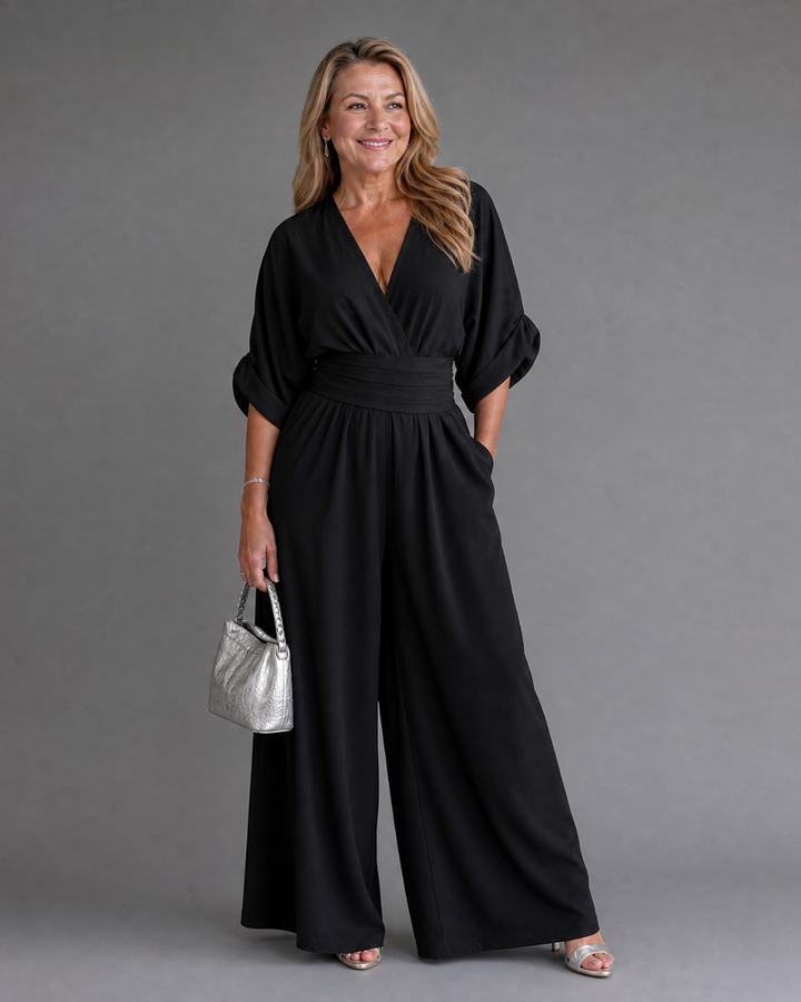 Francesca | Draped V Neck Wide Leg Relaxed Jumpsuit