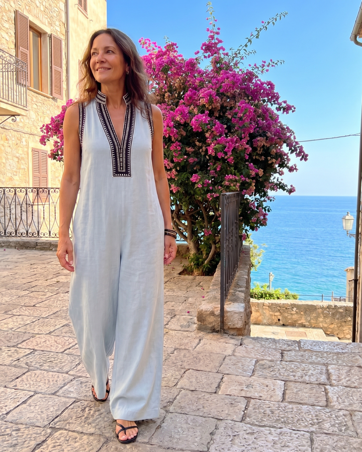 Daisy | Embroidered V Neck Sleeveless Wide Leg Jumpsuit