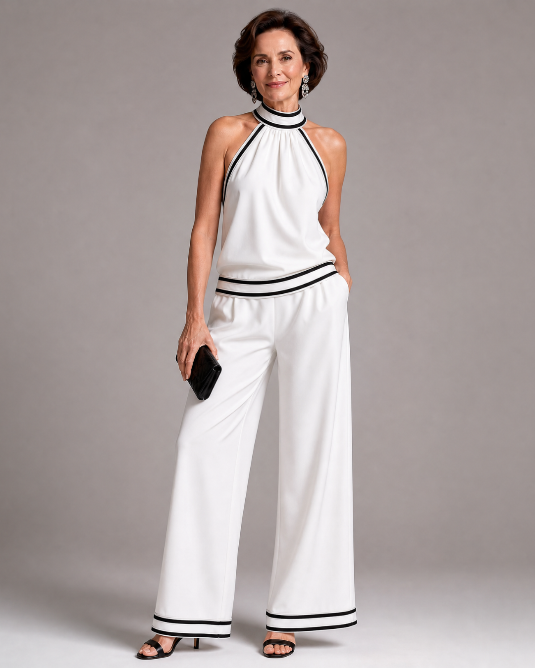 Erica | Contrast Trim Halter Neck Wide Leg Jumpsuit