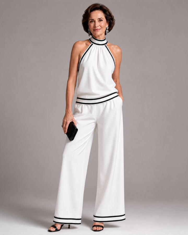 Erica | Contrast Trim Halter Neck Wide Leg Jumpsuit