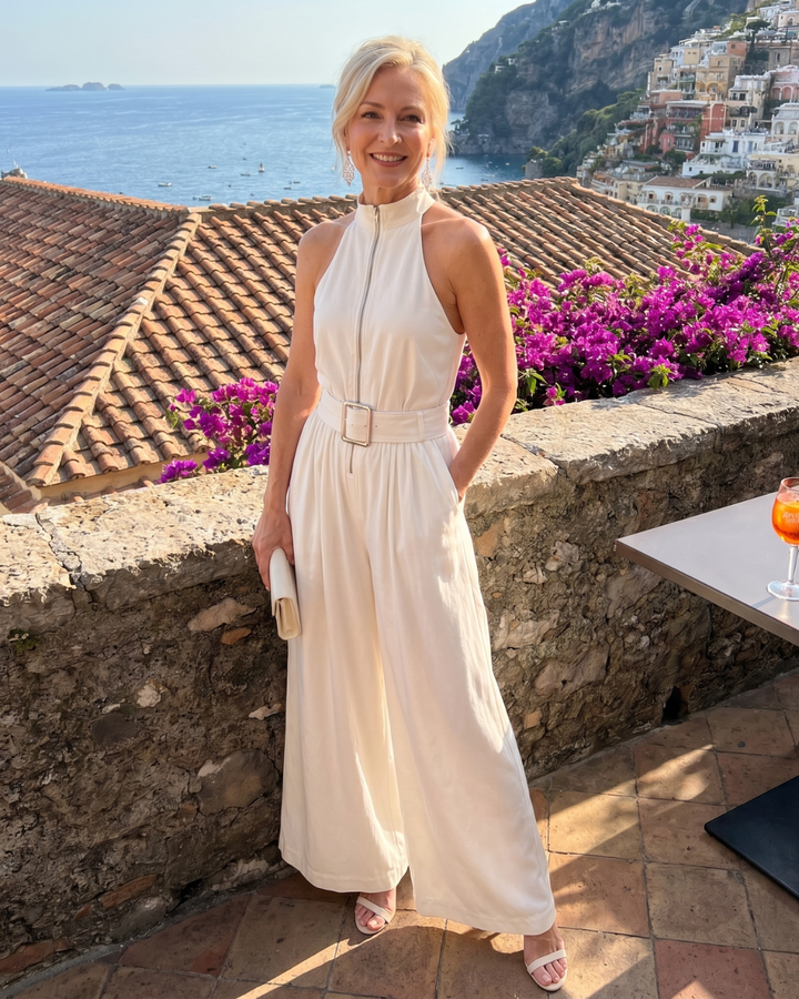 Dana | Belted High Neck Wide Leg Sleeveless Jumpsuit