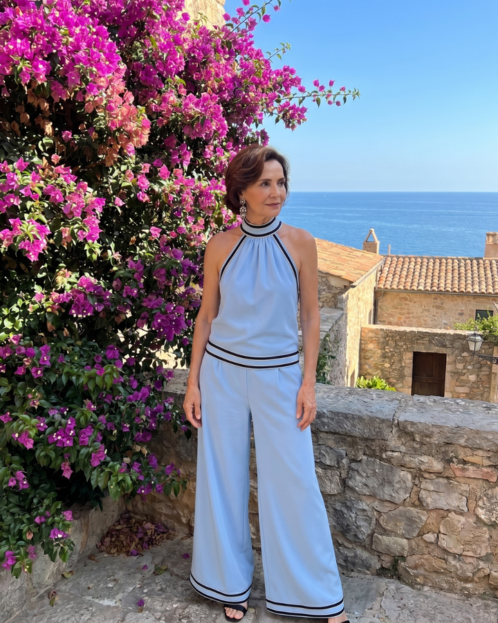 Erica | Contrast Trim Halter Neck Wide Leg Jumpsuit