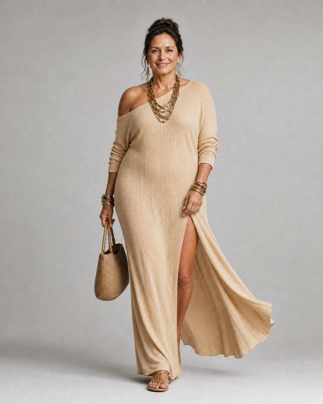 Elise | One Shoulder Side Slit Flowing Midi Dress