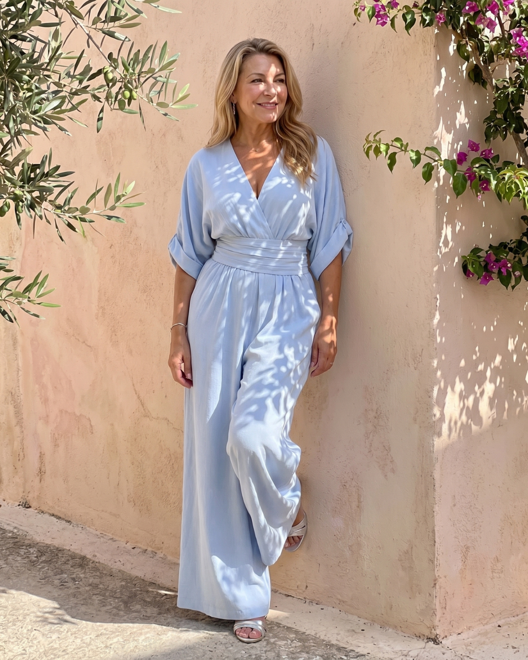 Francesca | Draped V Neck Wide Leg Relaxed Jumpsuit