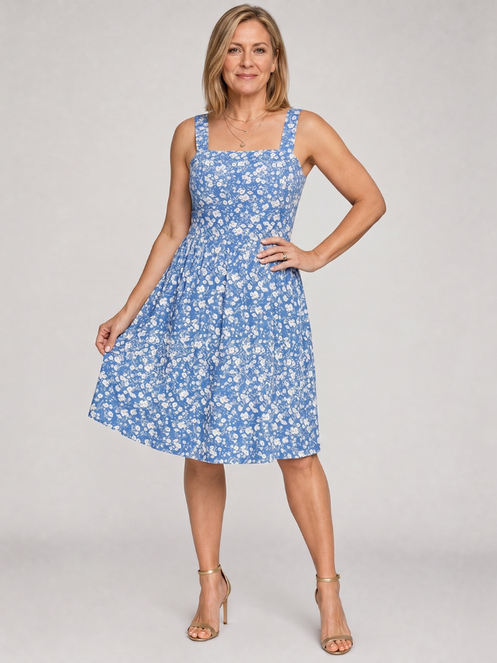 Leneva | Square Neck Floral Print Knee Length Dress