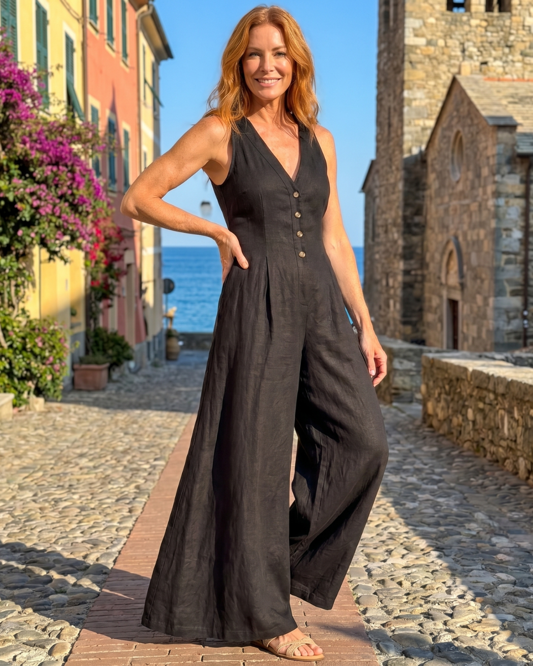 Fiona | Button Front Sleeveless Wide Leg Relaxed Jumpsuit