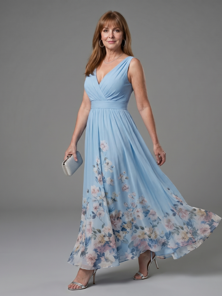 Bellthorne | Sleeveless V Neck Soft Floral Hem Midi Dress