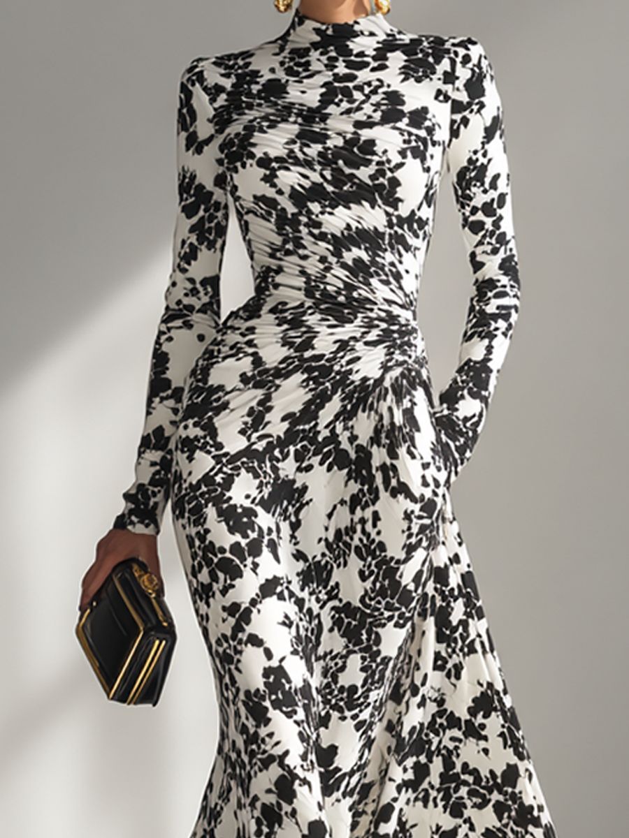NANCY | Black And White Patterned Stretch Blend Wrap Dress