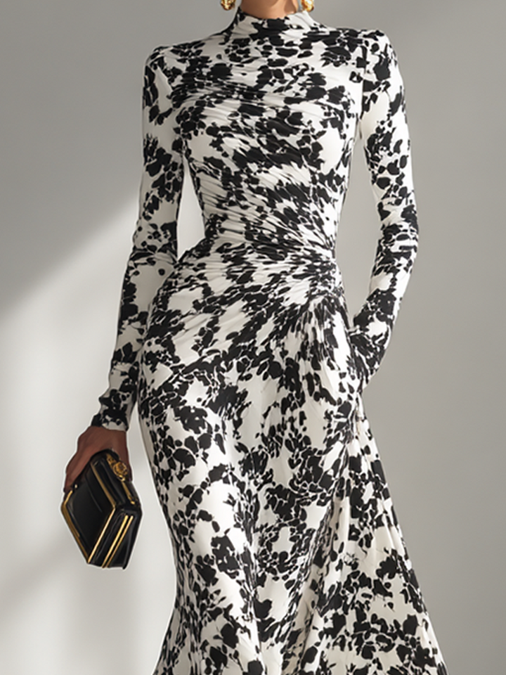 NANCY | Black And White Patterned Stretch Blend Wrap Dress