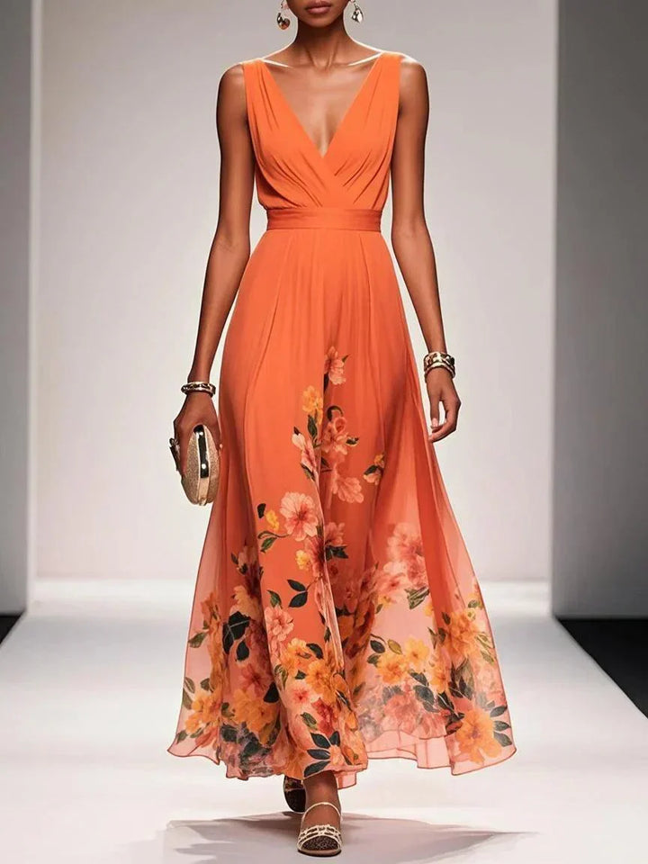 Rose | Light Blue Floral Chiffon V-Neck Maxi Dress