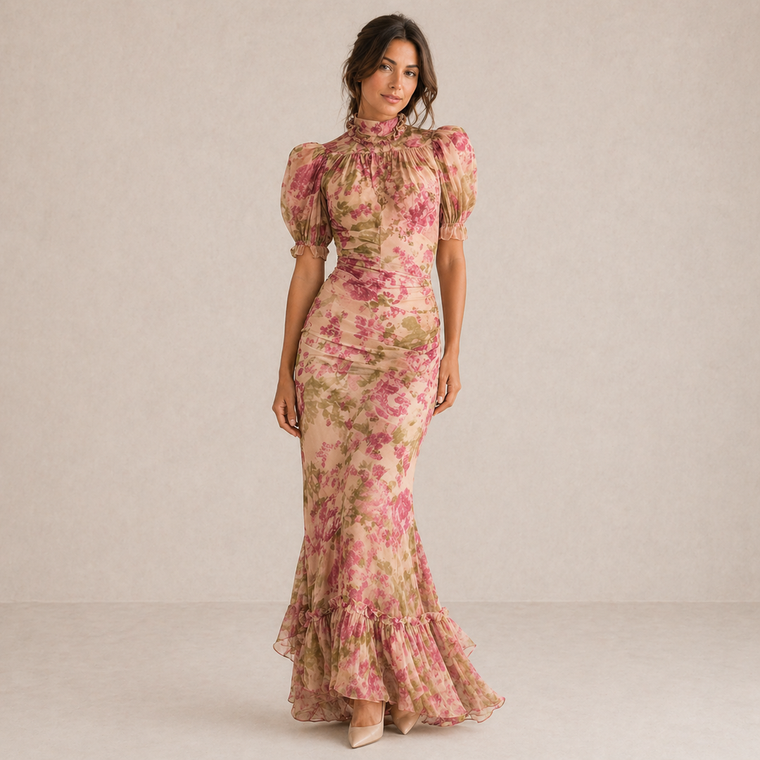ELVENA™ | Floral Puff-Sleeve Maxi Dress.
