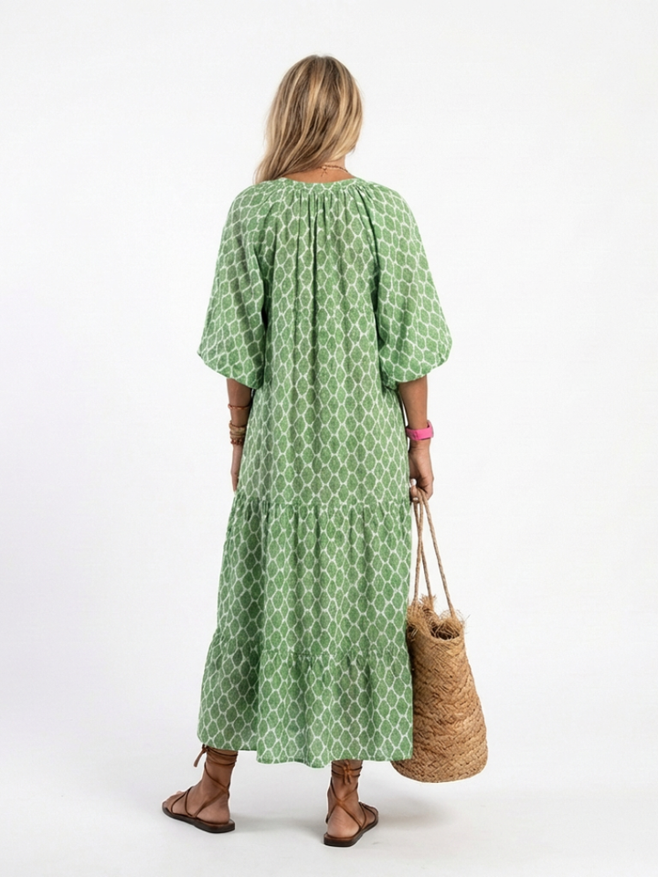 APOLLINE | Three Quarter Sleeve V Neck Patterned Midi Dress