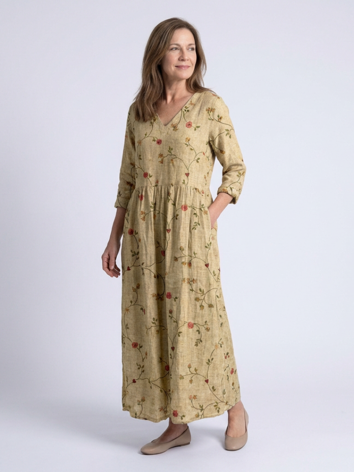 MARINA | Floral V Neck Three Quarter Sleeve Maxi Dress