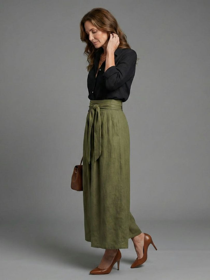 Bellthorne | Two Piece Set Black Blouse Olive Green Midi Skirt