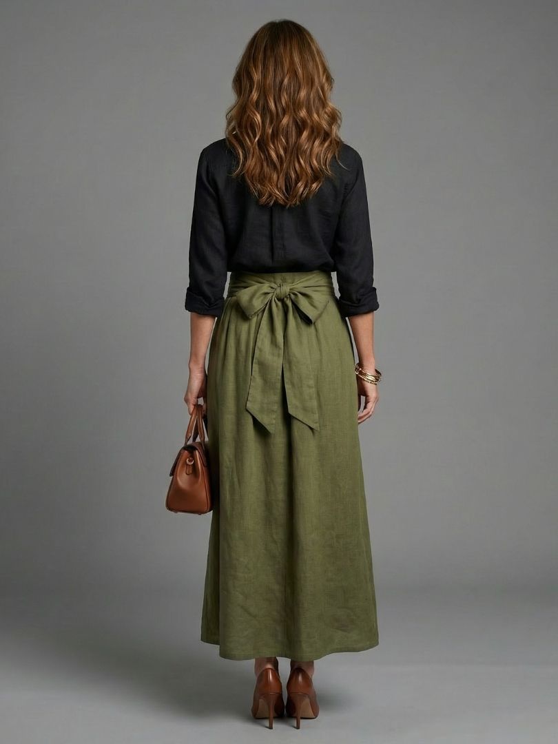 Bellthorne | Two Piece Set Black Blouse Olive Green Midi Skirt