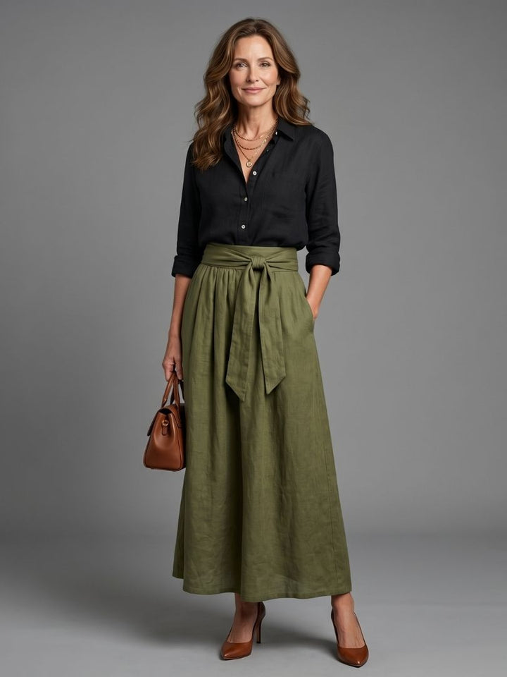 Bellthorne | Two Piece Set Black Blouse Olive Green Midi Skirt
