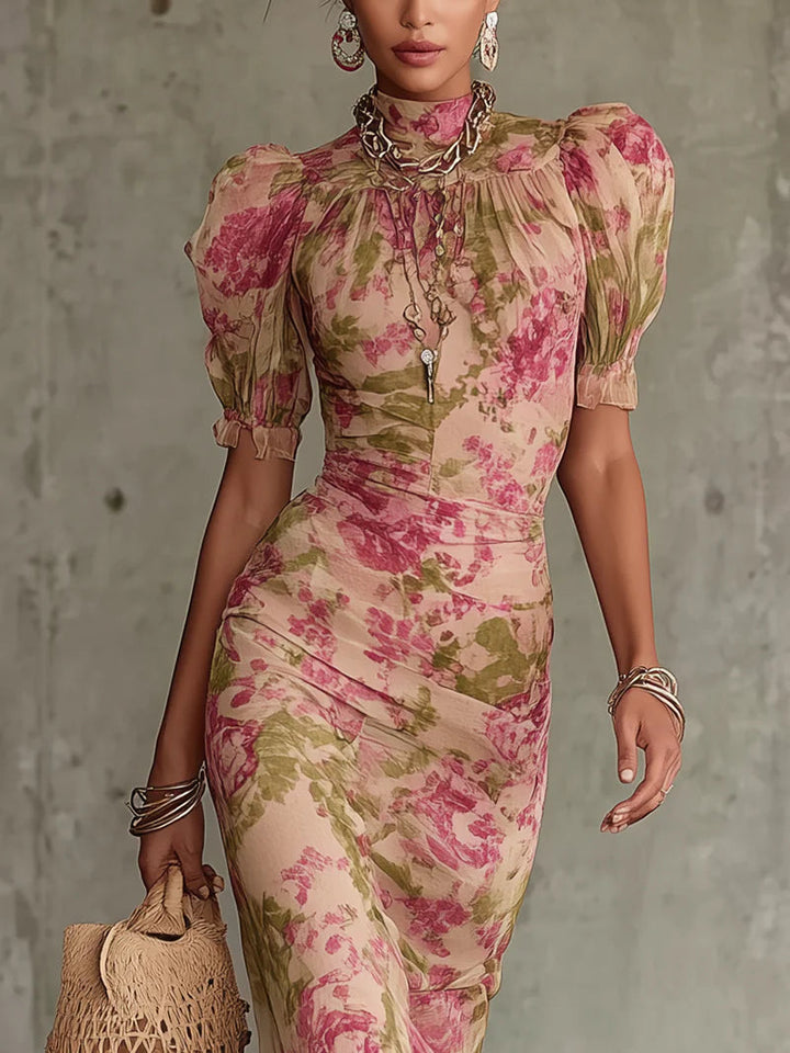 Mae | Vintage Rose Print Puff Sleeve Maxi Dress