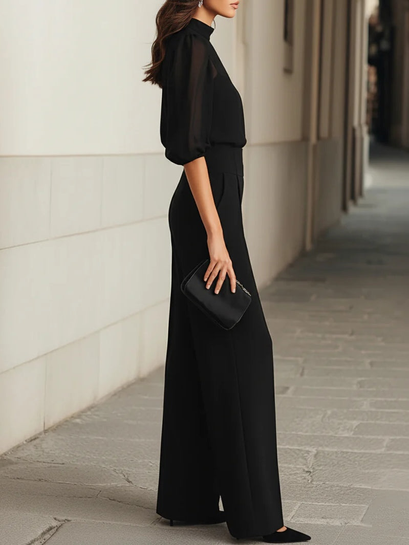Valentina • Three-Piece Black Set, Comprising a Sheer Camisole Top and Wide-Leg Pants