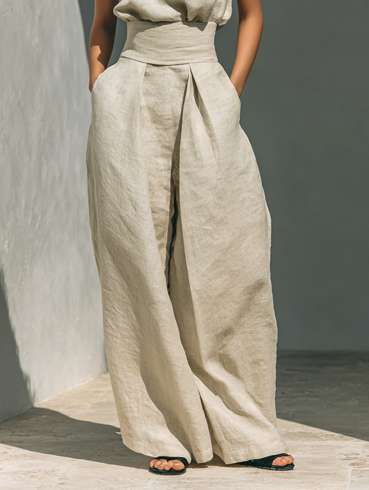 Aurora | Set consisting of a sleeveless beige top in a cotton-linen blend and wide-leg pants