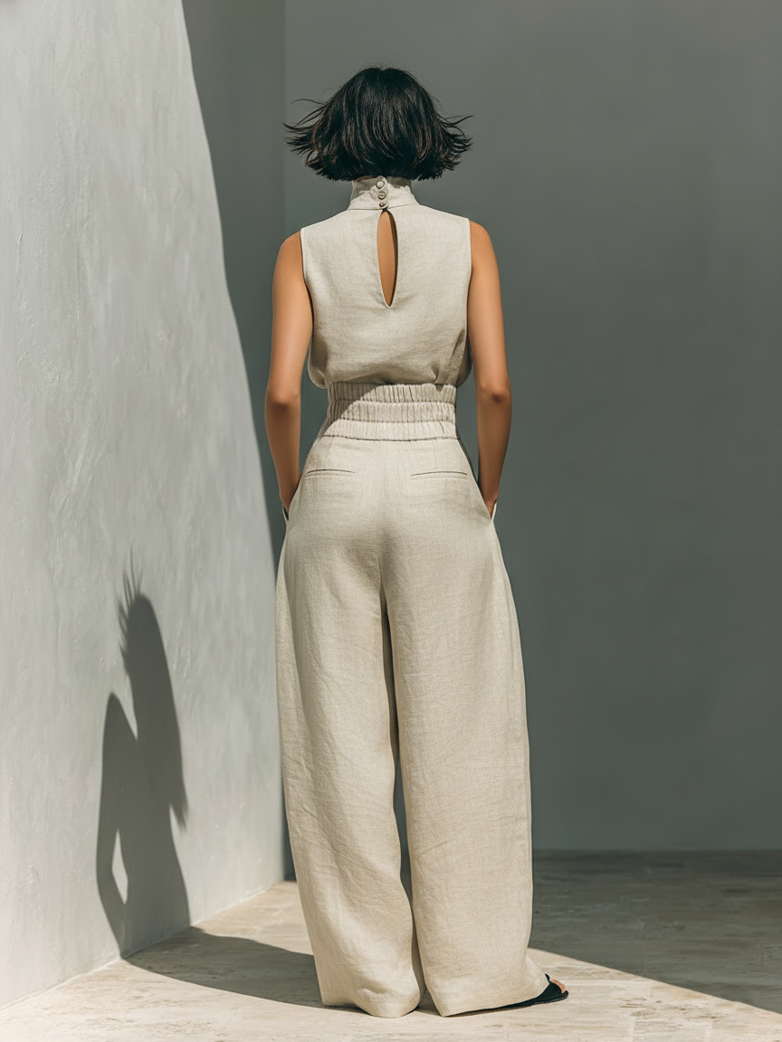 Aurora | Set consisting of a sleeveless beige top in a cotton-linen blend and wide-leg pants