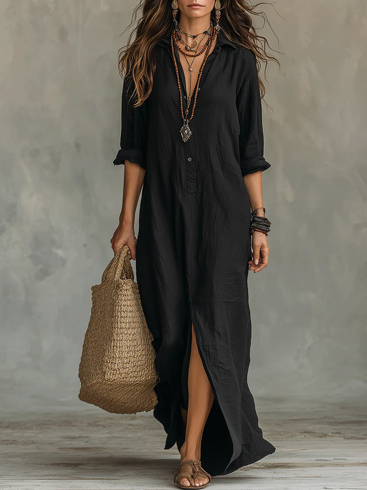 Alessia - Soft Black Maxi Dress with Buttons