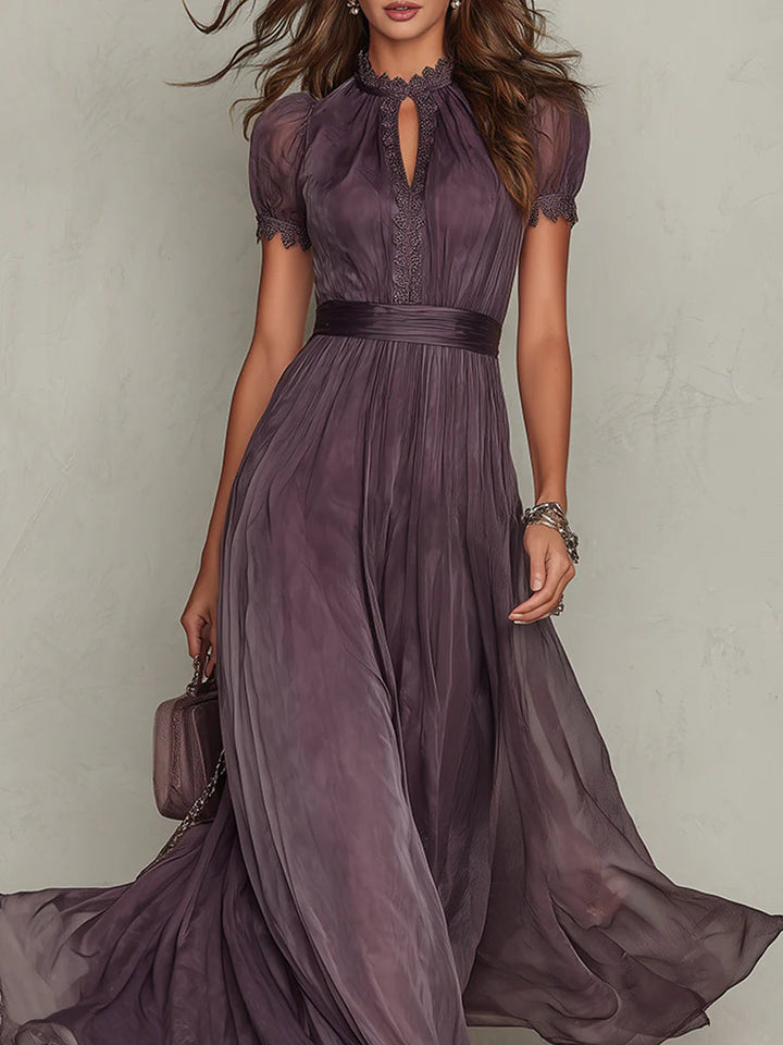 Flavia - Long Purple Dress with Drop Neckline and Chiffon Lace Trim