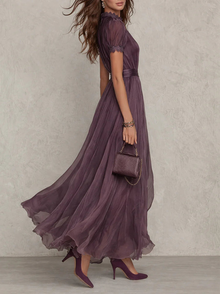 Flavia - Long Purple Dress with Drop Neckline and Chiffon Lace Trim