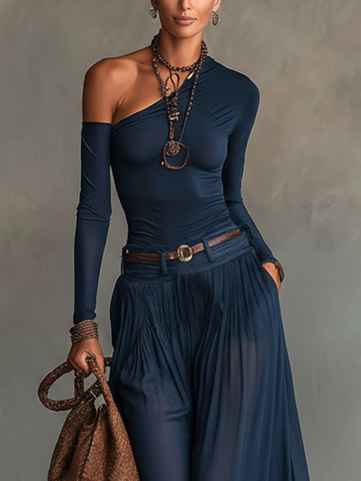 Lore | Navy One-shoulder Top And Skirt Two-piece Set (+ Free Belt)