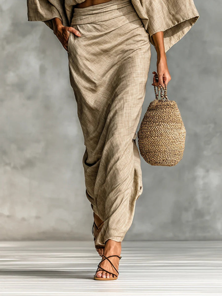 WILLOW | Beige Two Piece Set with Batwing Top and Long Skirt for Effortless Elegance