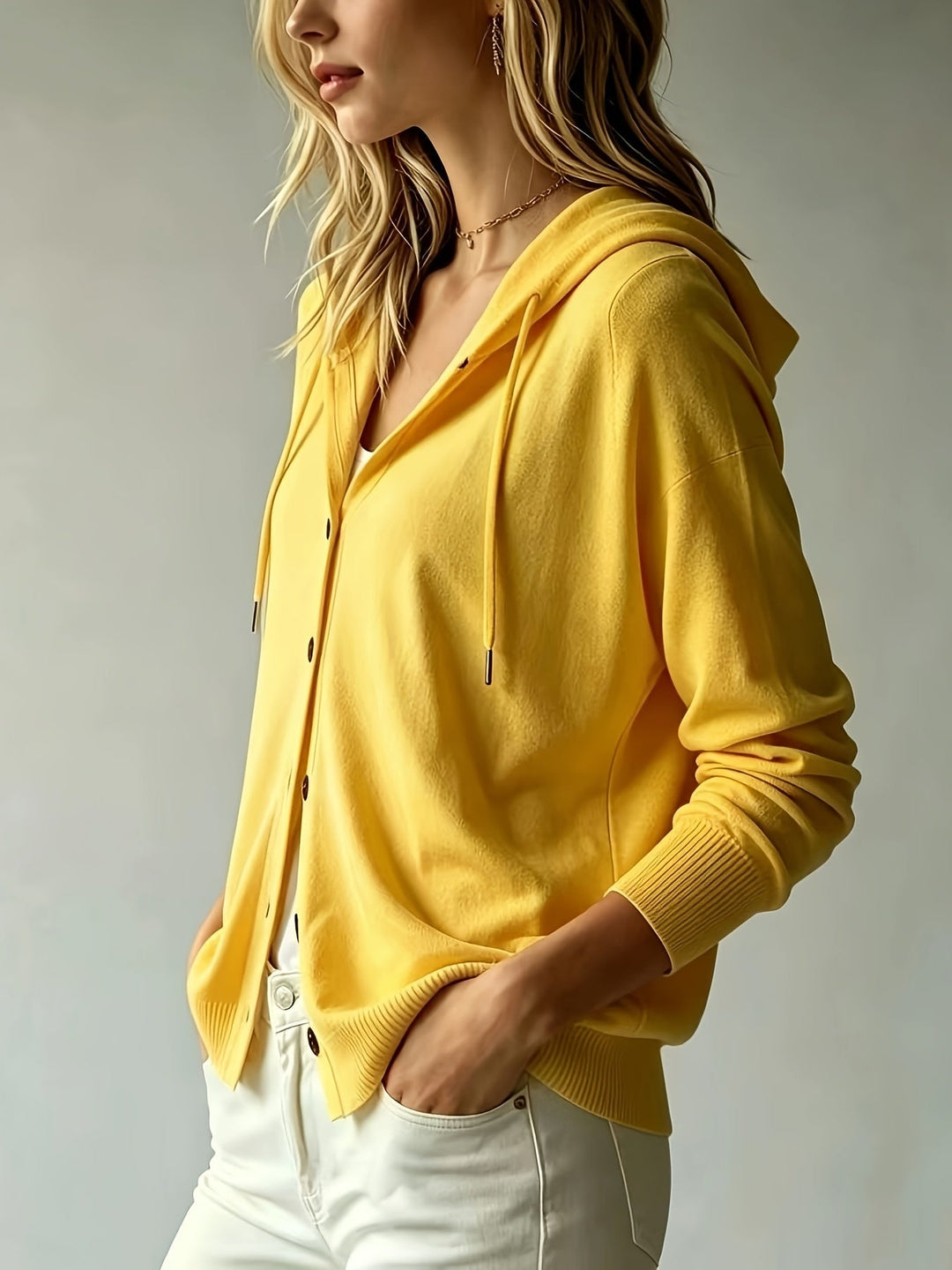 Simona | Mustard Hooded Cardigan with Button Closure