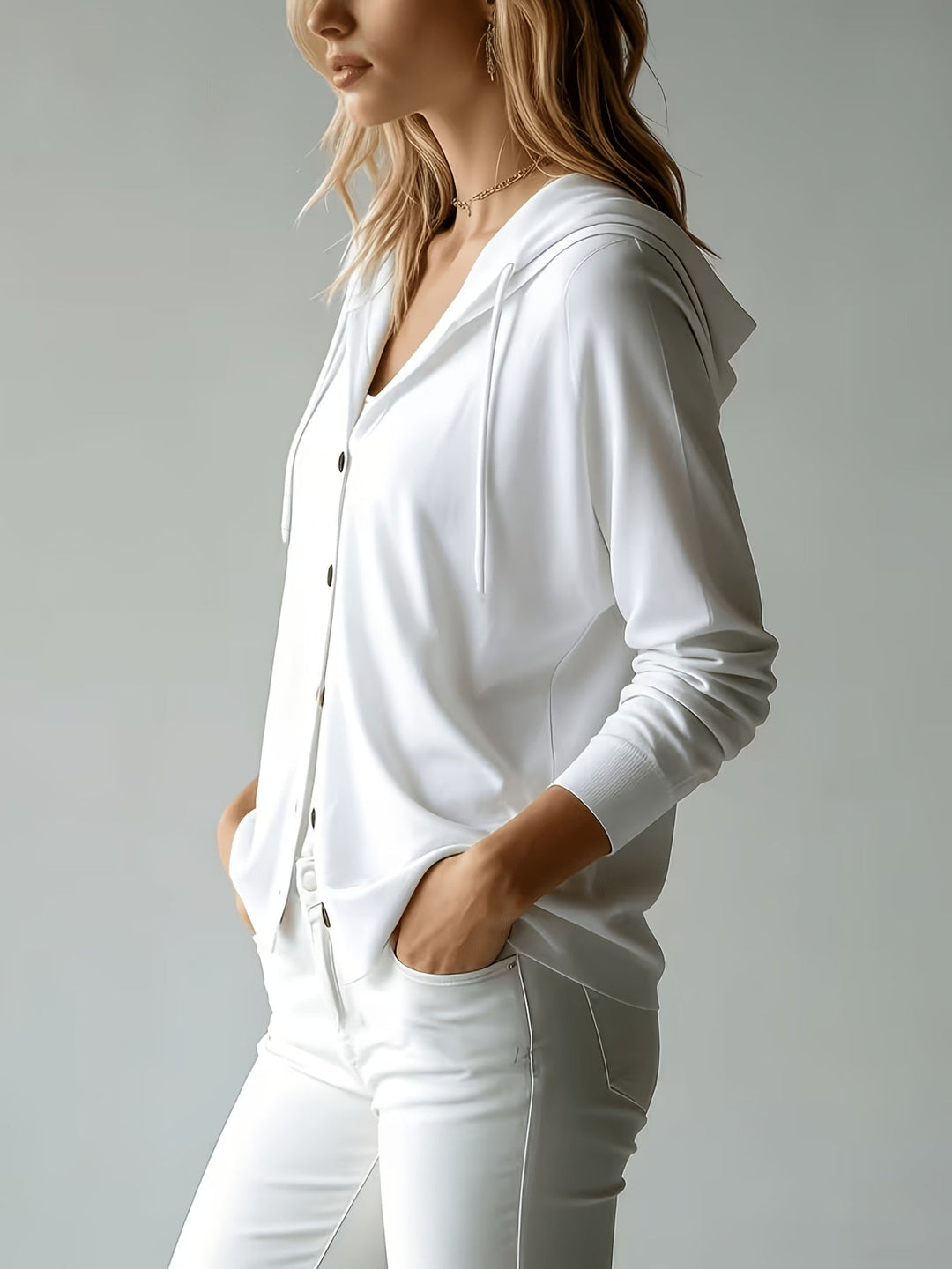 Chiara | White Hooded Cardigan with Button Closure
