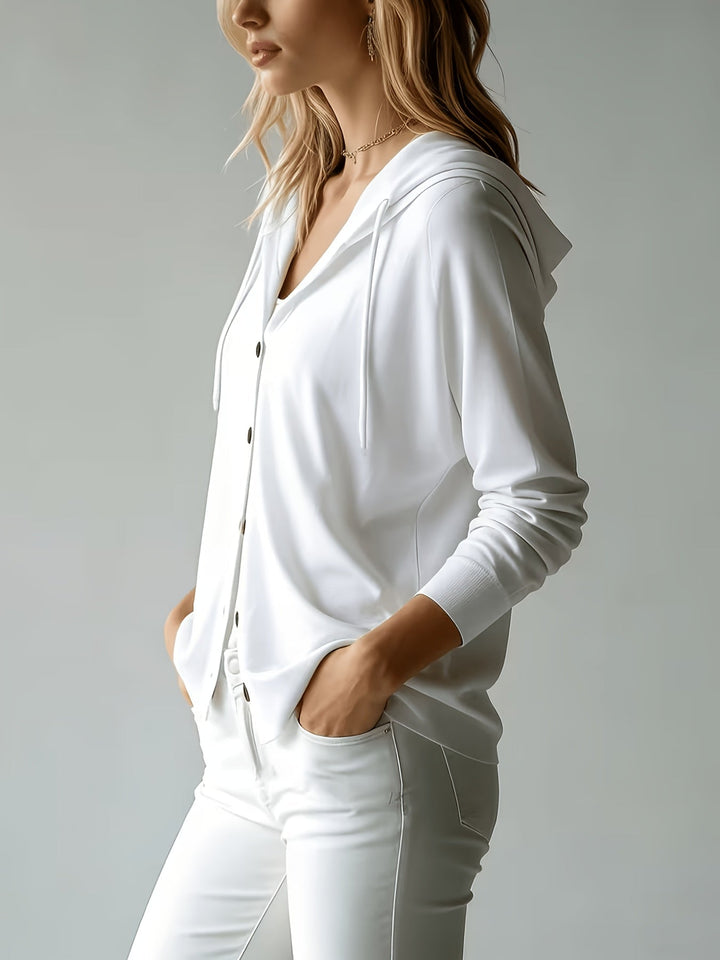 Chiara | White Hooded Cardigan with Button Closure