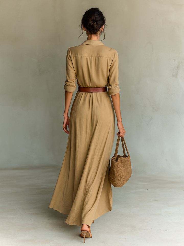 DELANEY | Lapel Single Breasted Long Sleeve Belted Maxi Dress