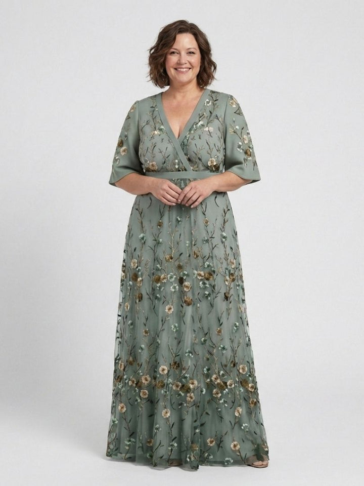 EVADNE | Floral V Neck Short Sleeve Maxi Dress