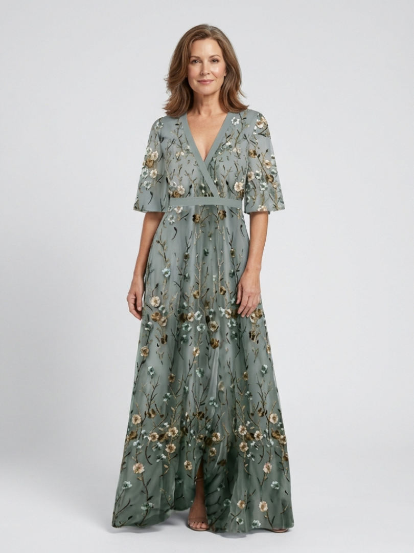 EVADNE | Floral V Neck Short Sleeve Maxi Dress