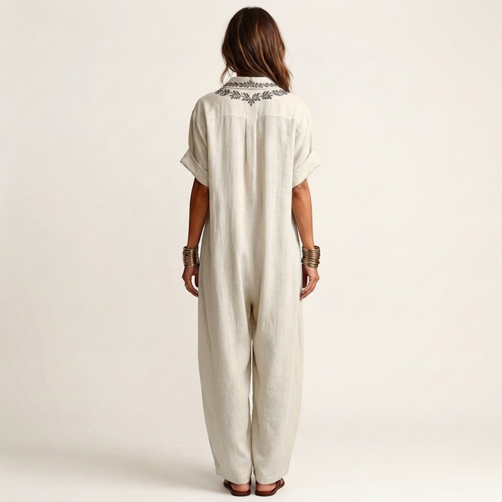 Amarina | Embroidered V-Neck Collar Linen Maxi Dress