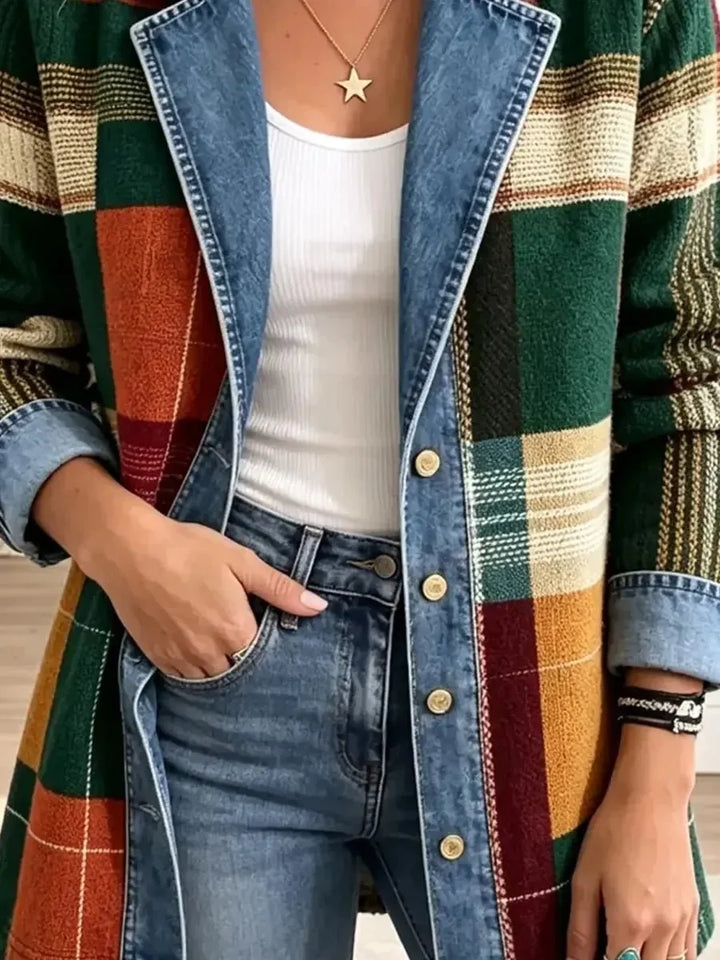 Ella | Retro Plaid Pattern Art Casual Denim Jacket