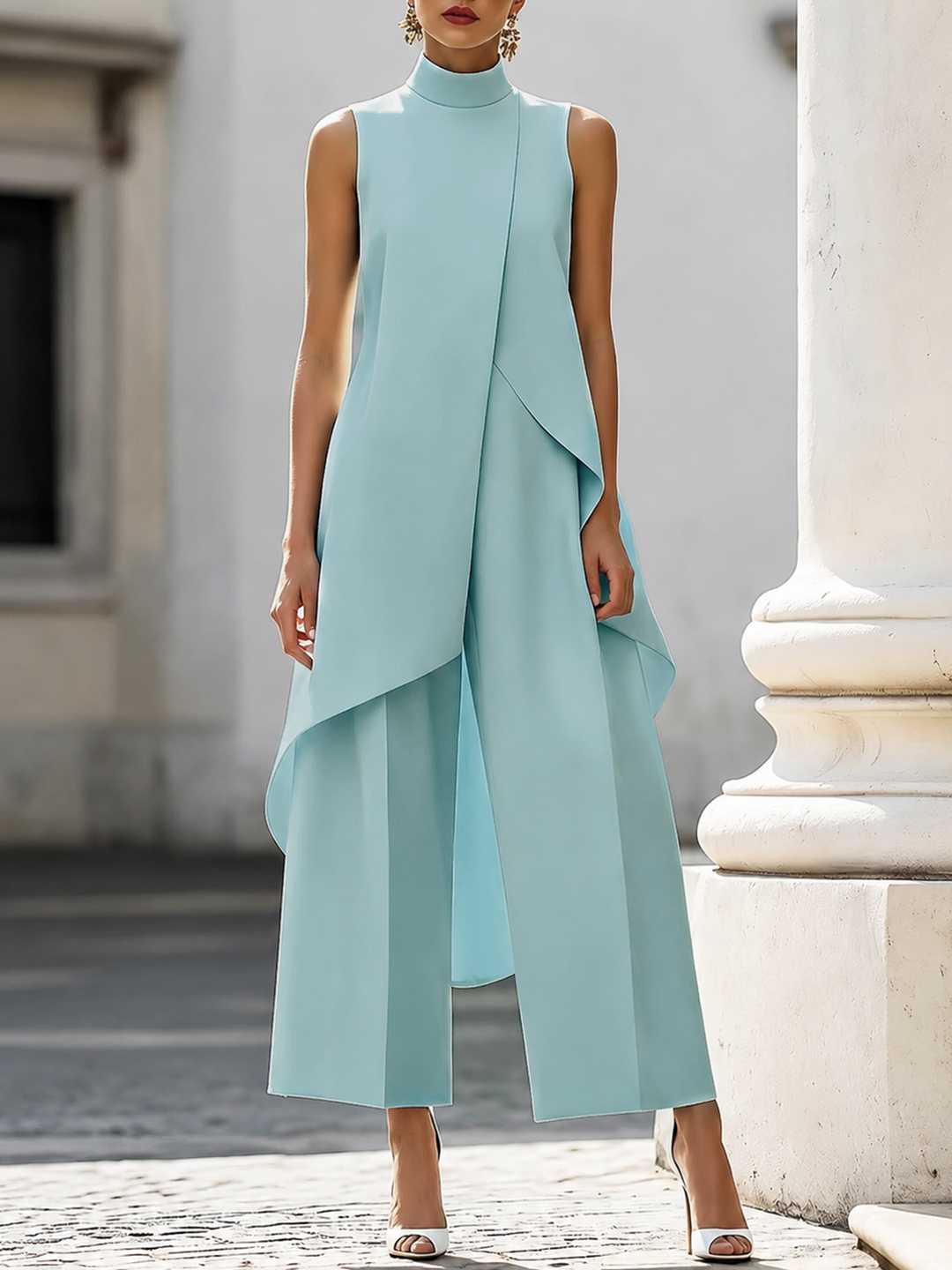 Asymmetric Layered Sleeveless Top & Wide-Leg Pants Set