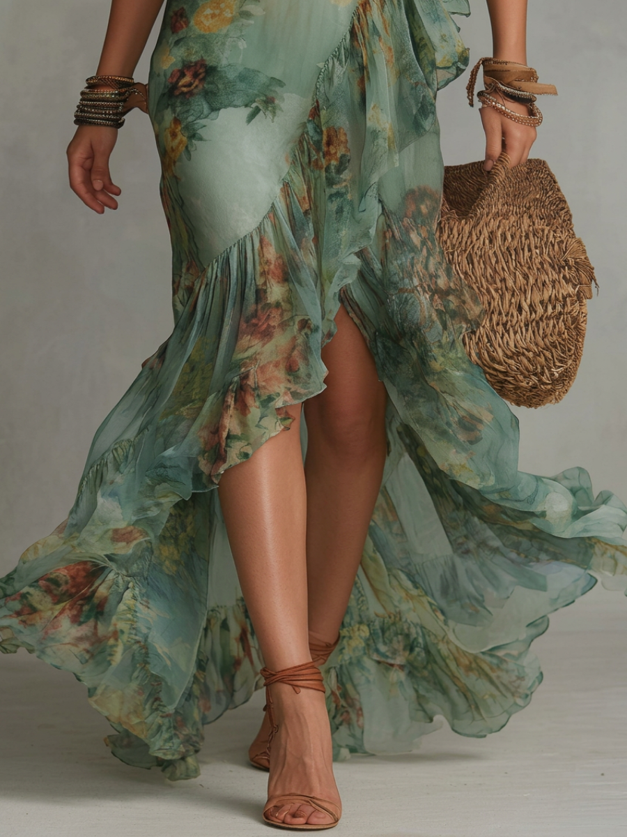 Maxi Dress in Grass Green Chiffon with Irregular Ruffles and Slit